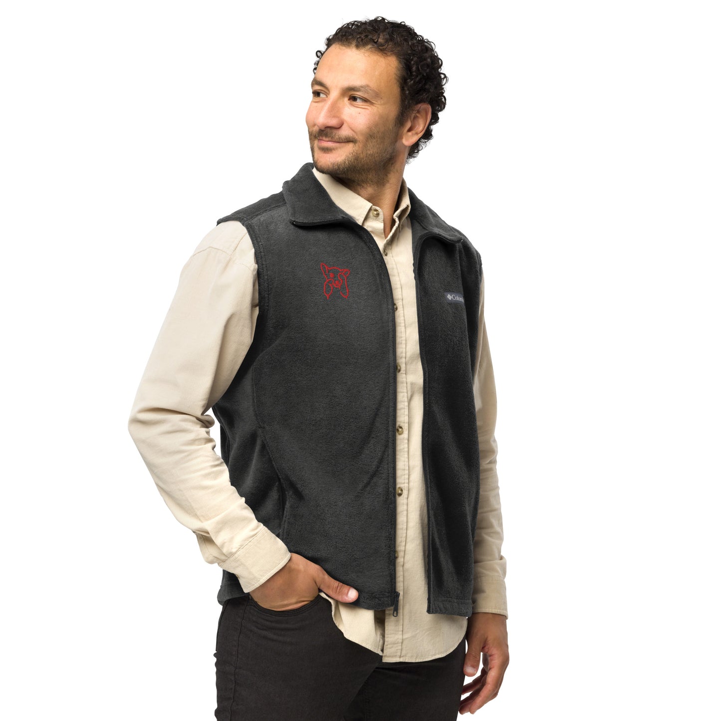 Men’s Columbia fleece vest , flat embroidery, red color cute dog sketch