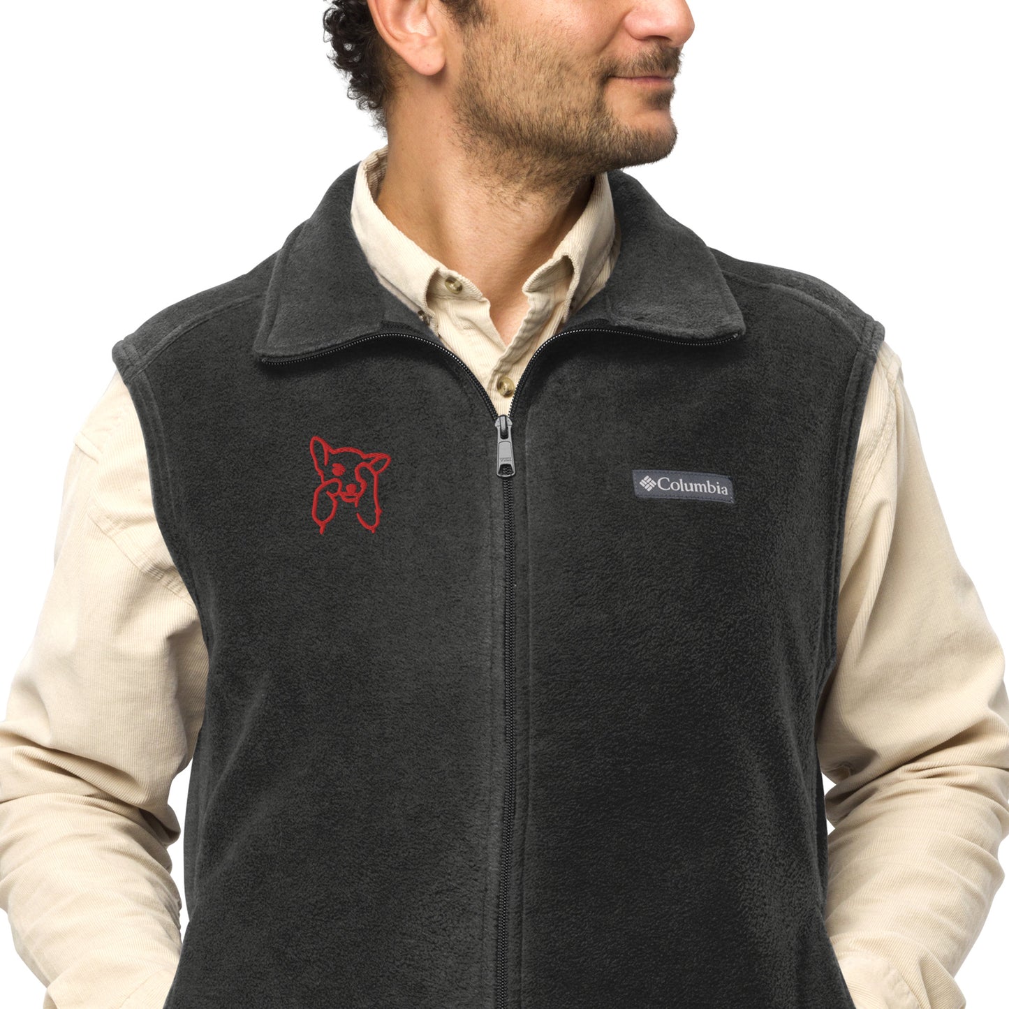 Men’s Columbia fleece vest , flat embroidery, red color cute dog sketch