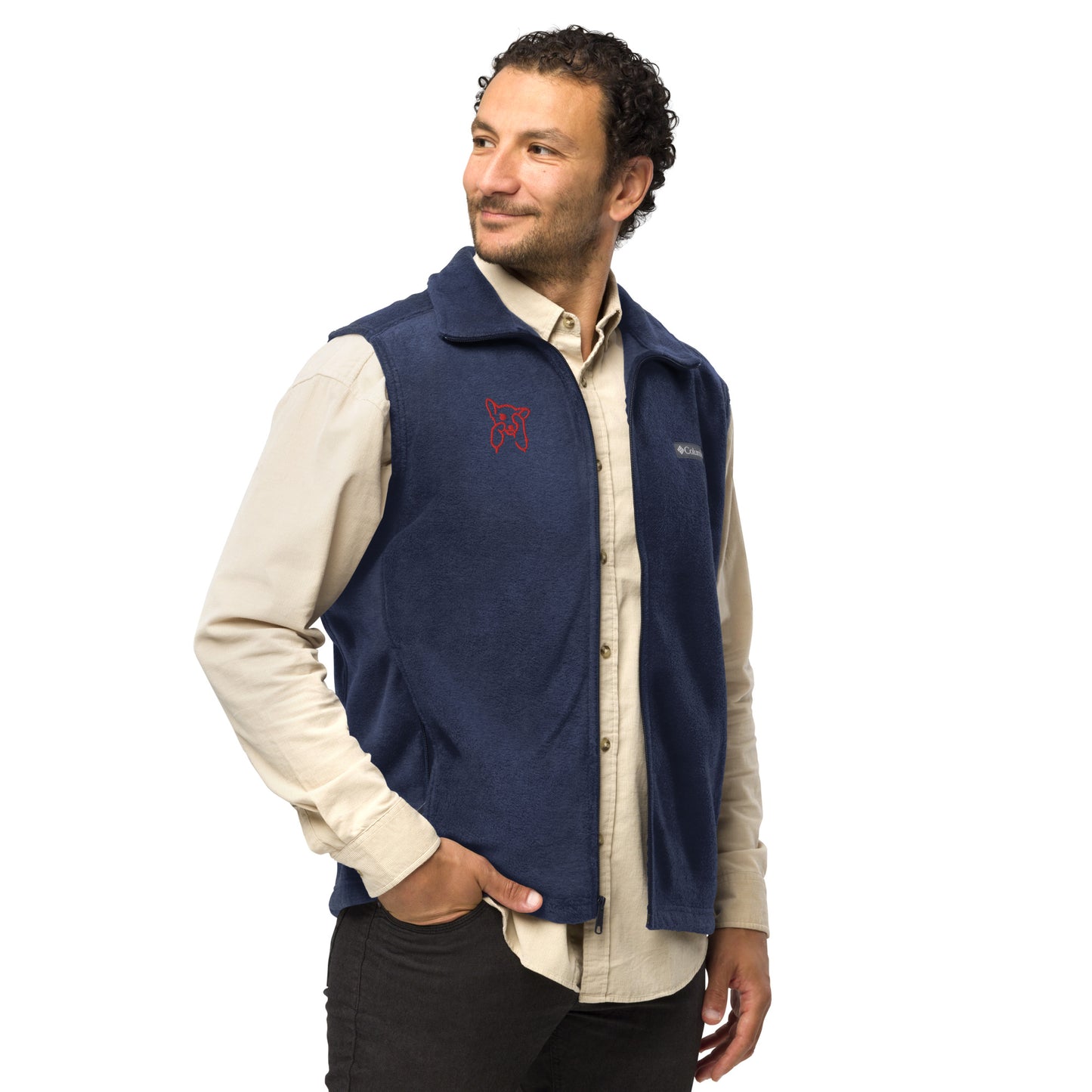 Men’s Columbia fleece vest , flat embroidery, red color cute dog sketch
