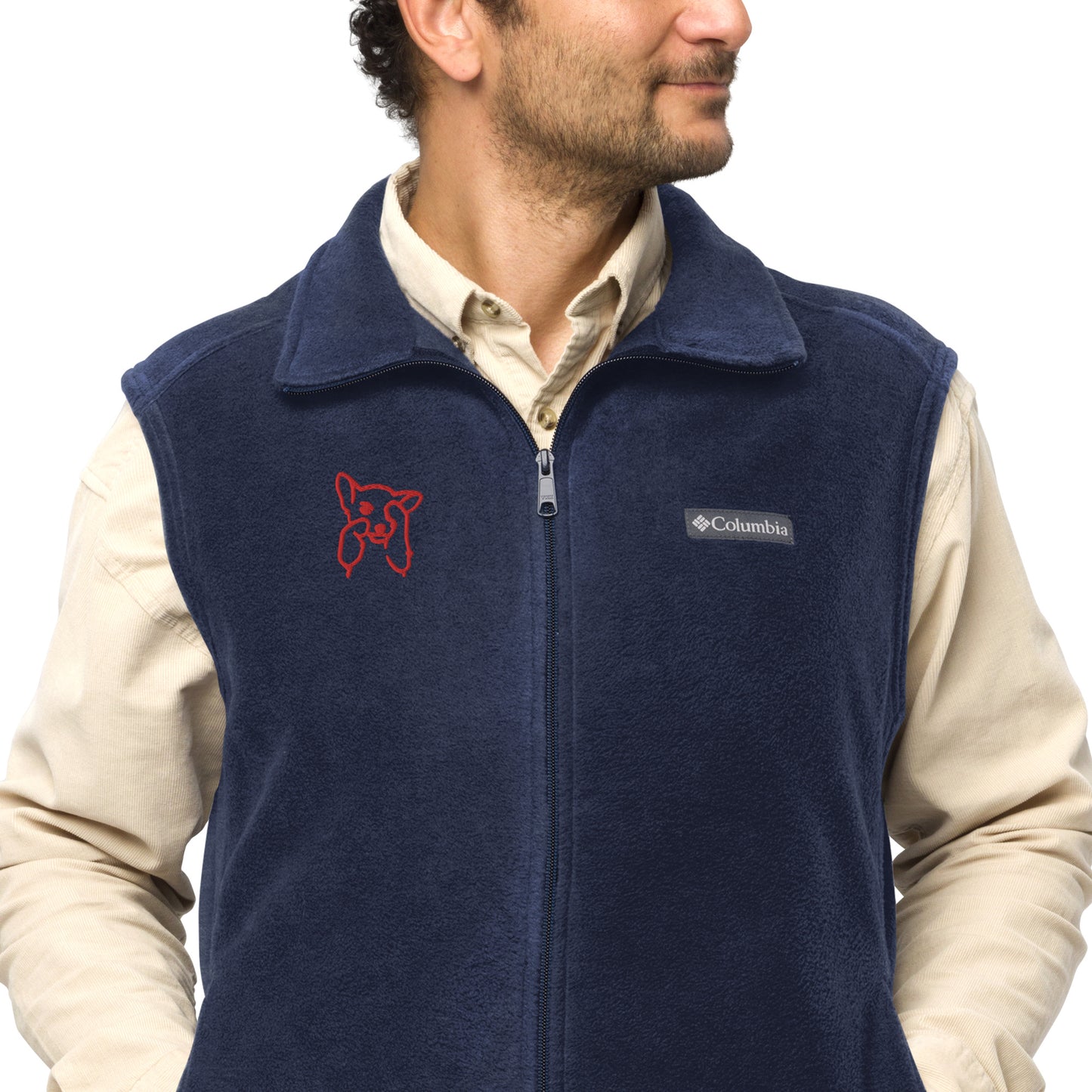 Men’s Columbia fleece vest , flat embroidery, red color cute dog sketch
