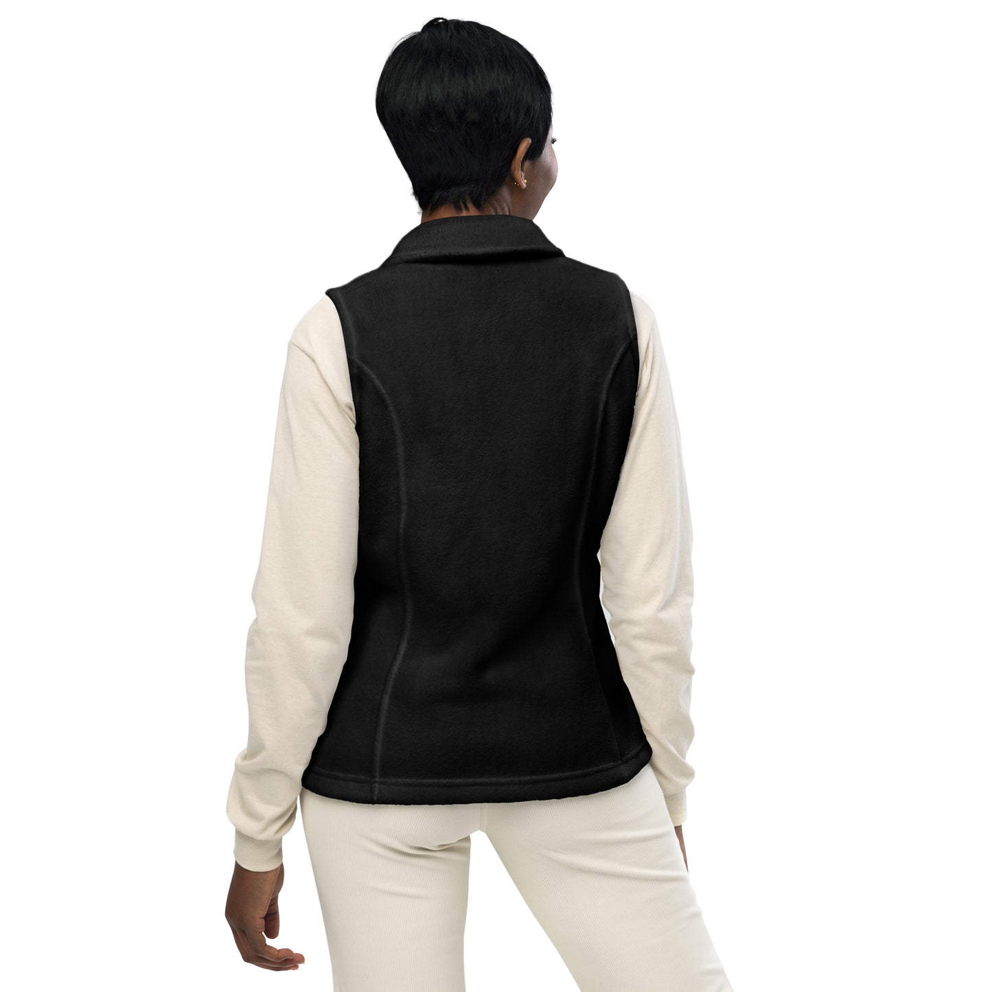 Women’s Columbia fleece vest, kiwi green/gold/red thread embroidery 'Dream, Live, Enjoy"
