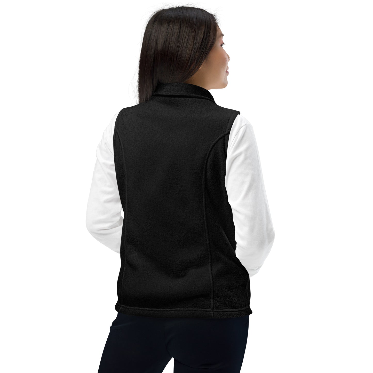 Women’s Columbia fleece vest, gold/red thread embroidery "R" in a custom circle