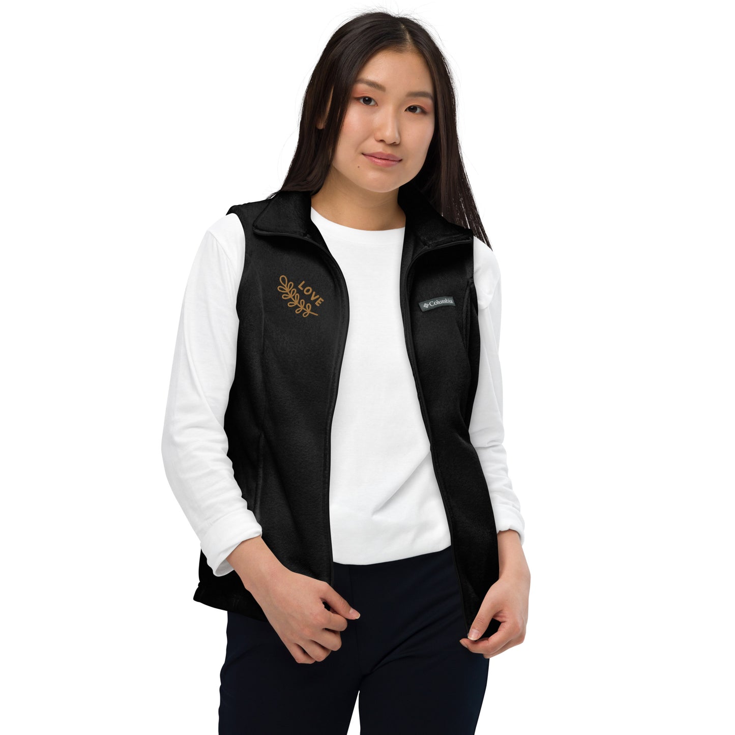 Women’s Columbia fleece vest with custom embroidery- old gold color "Love"