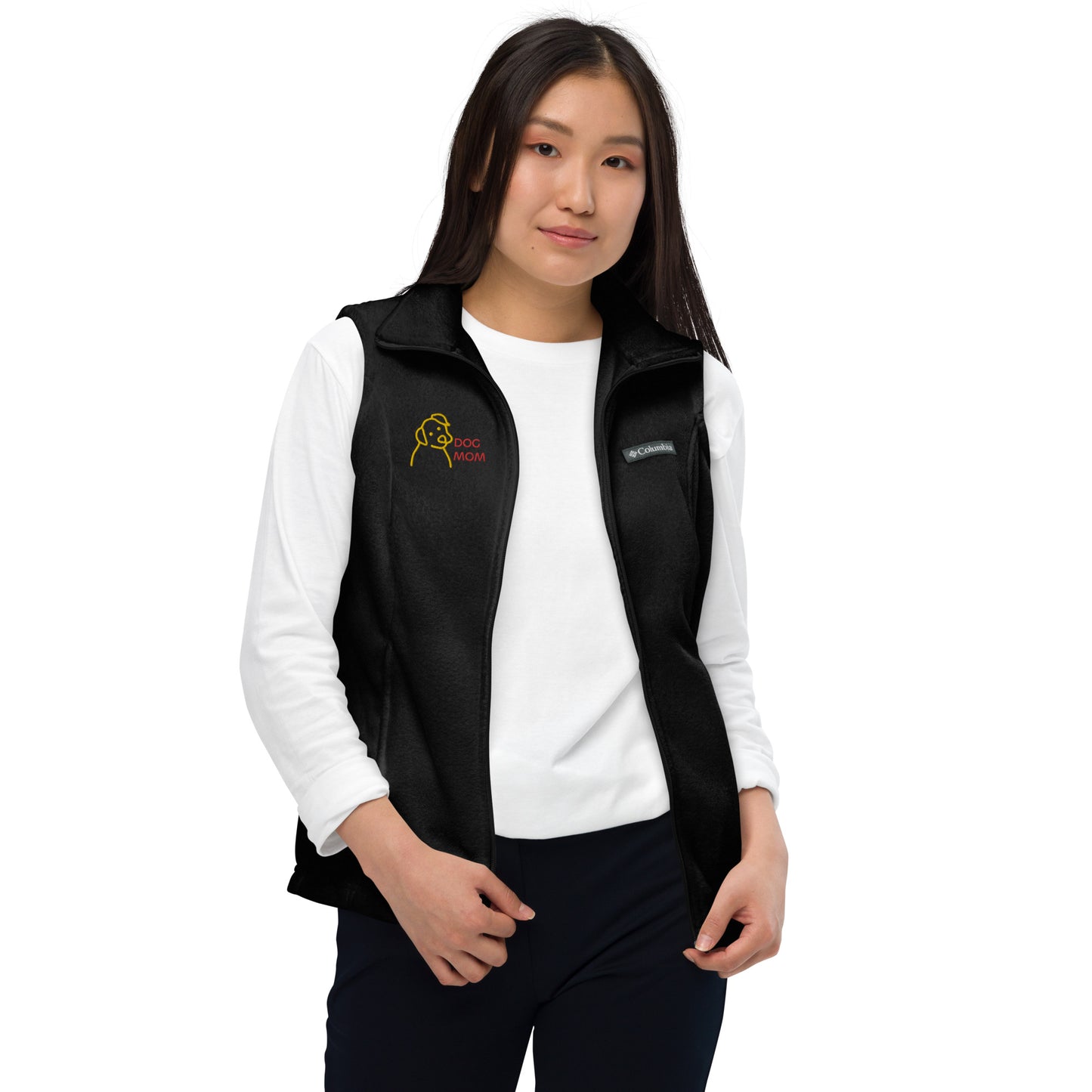 Women’s Columbia Fleece Vest, with flat embroidery gold/ red color "Dog Sketch/ Dog MOM"