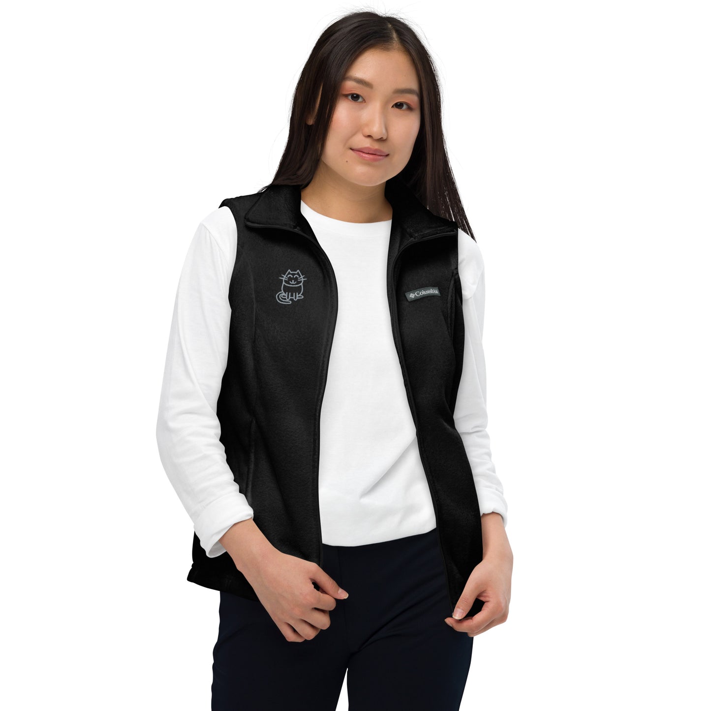 Women’s Columbia fleece vest , flat custom embroidery, grey color cute cat sketch
