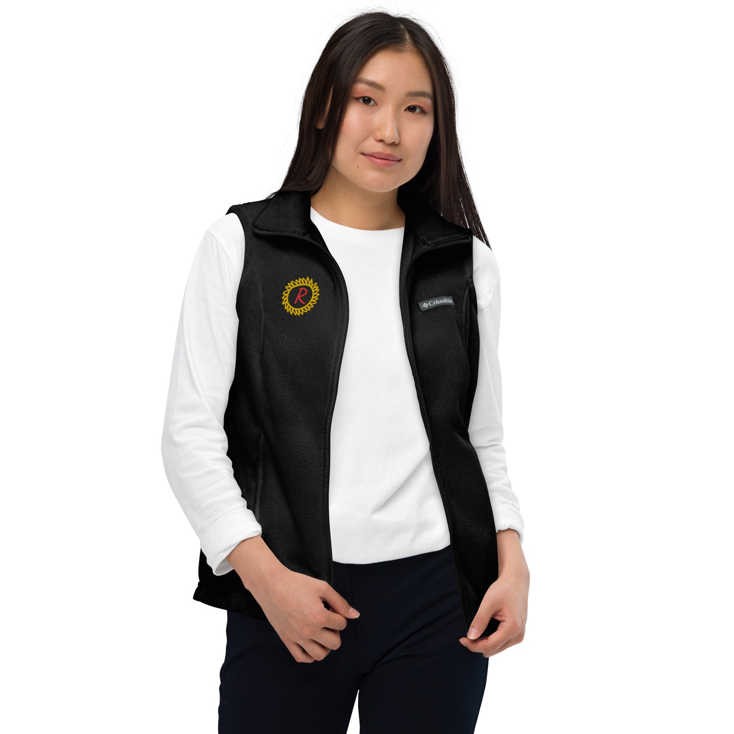 Women’s Columbia fleece vest, gold/red thread embroidery "R" in a custom circle