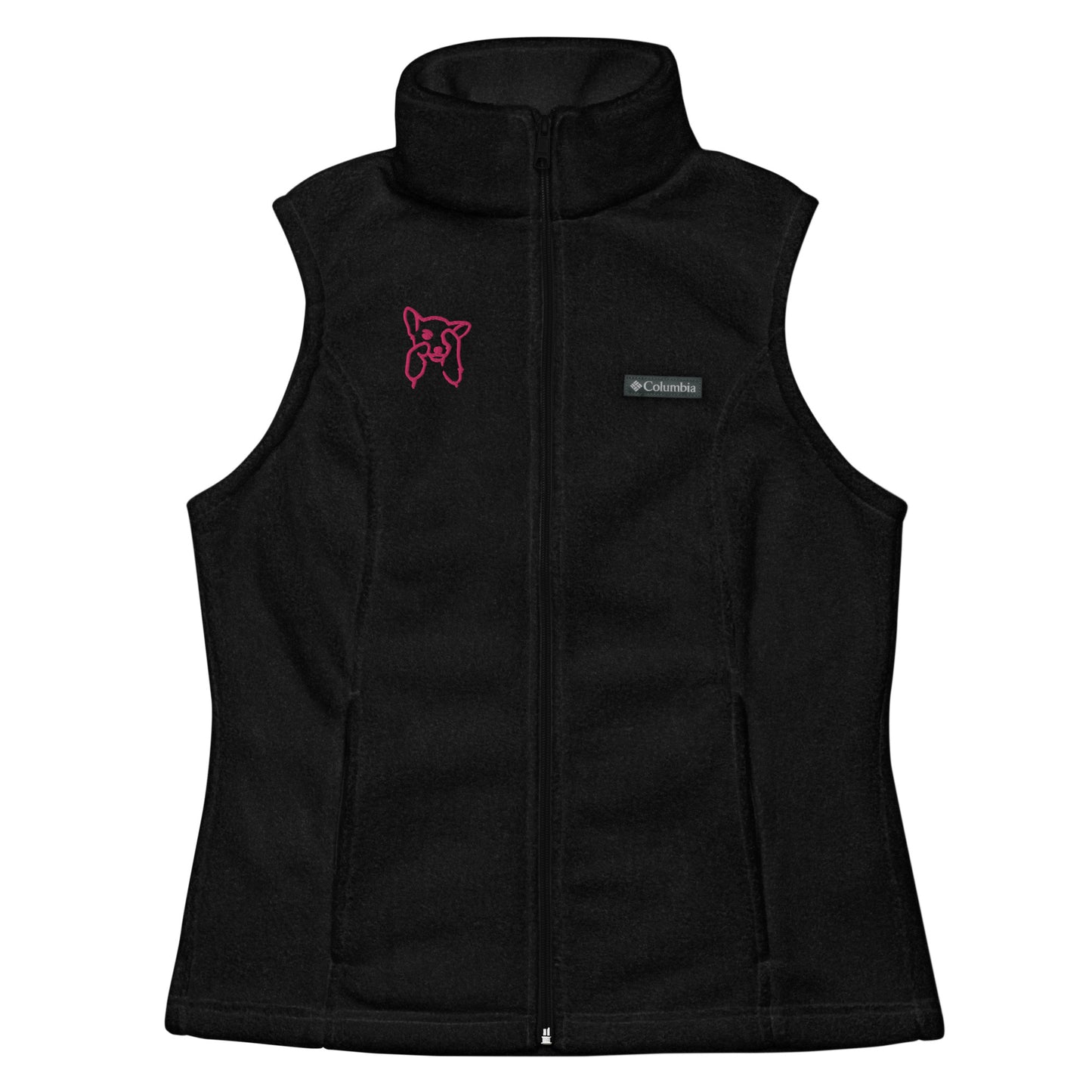 Women’s Columbia fleece vest , flat embroidery, flamingo color cute dog sketch