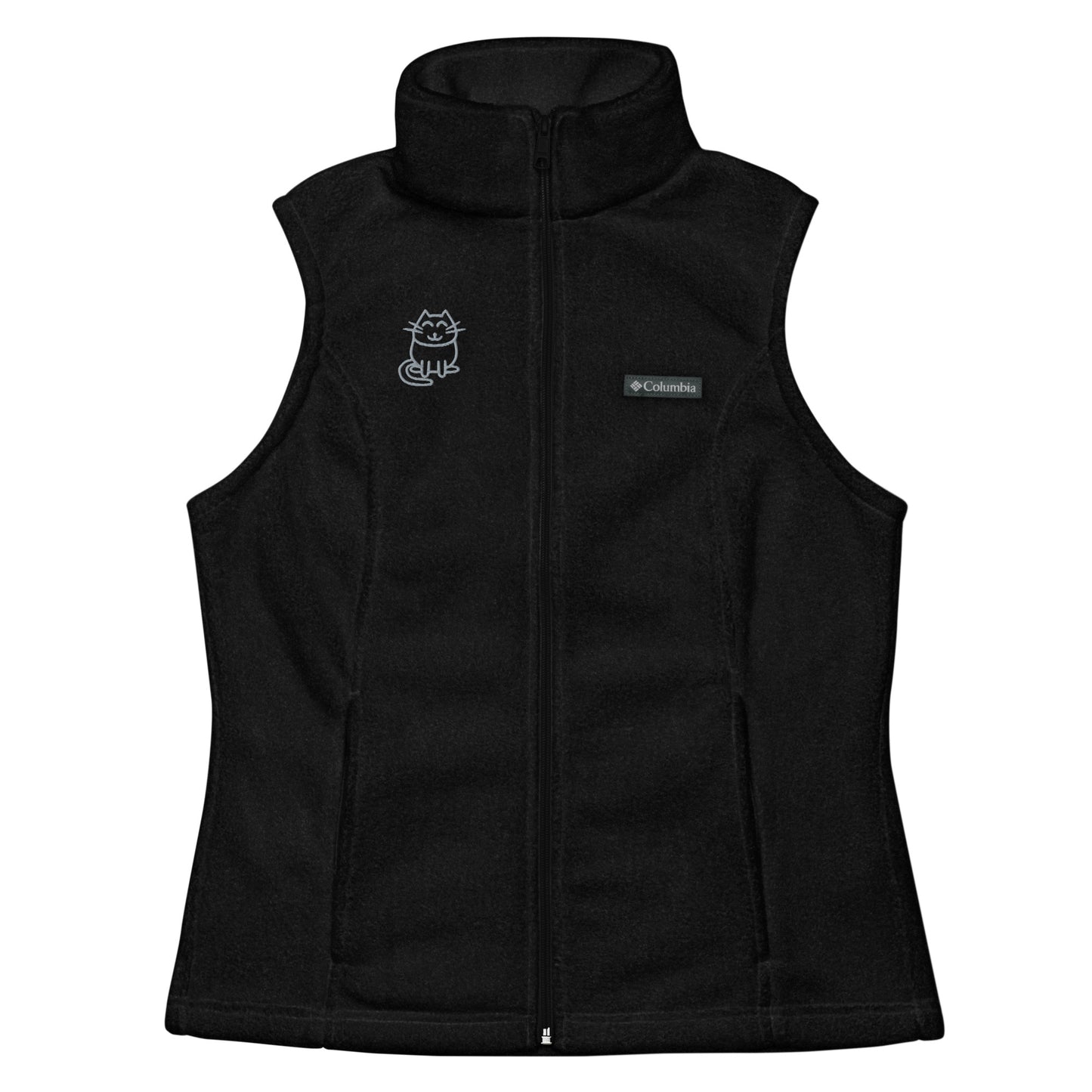 Women’s Columbia fleece vest , flat custom embroidery, grey color cute cat sketch