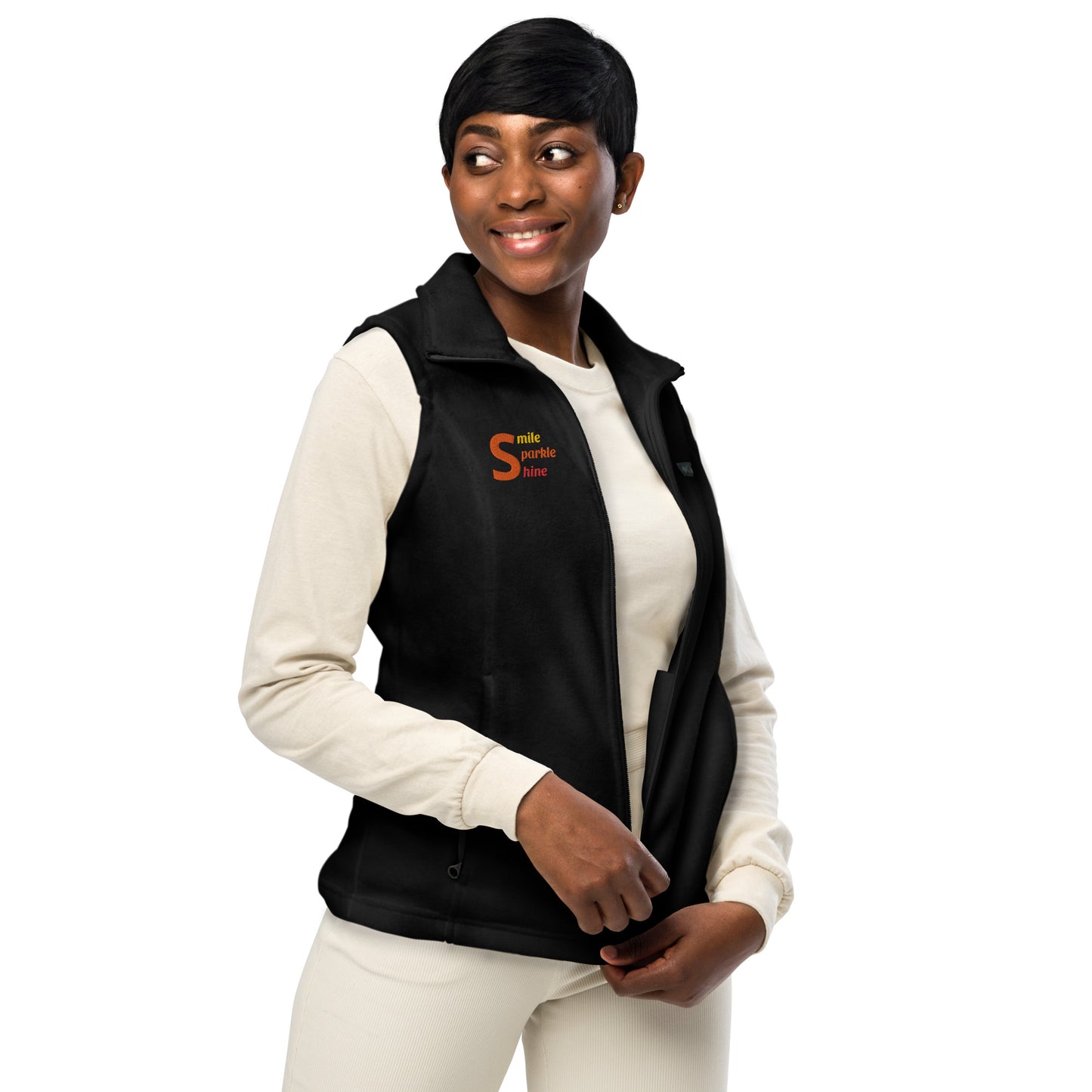Women’s Columbia fleece vest, gold/ orange/ red color thread embroidery "Smile, Sparkle, Shine".