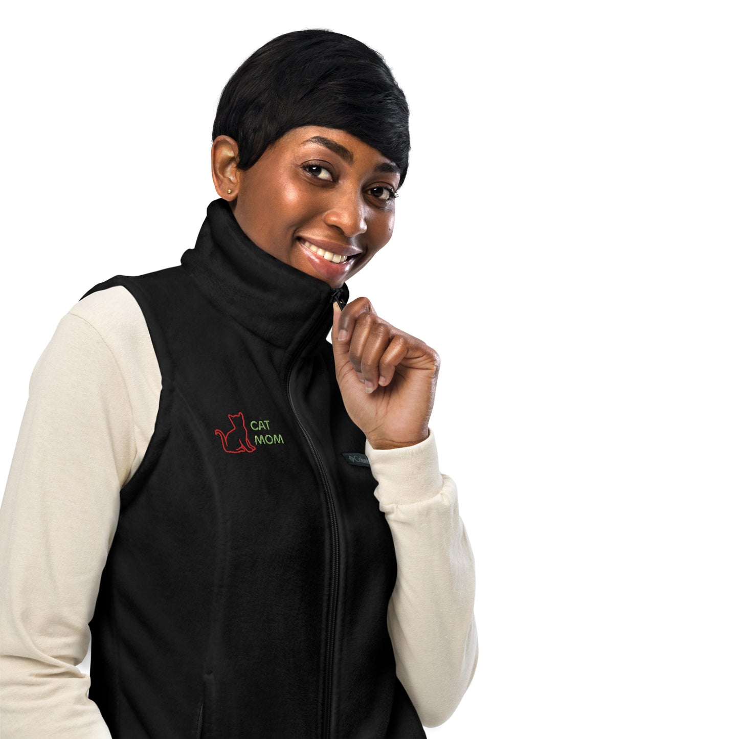 Women’s Columbia fleece vest, Cat Mom embroidery red/green