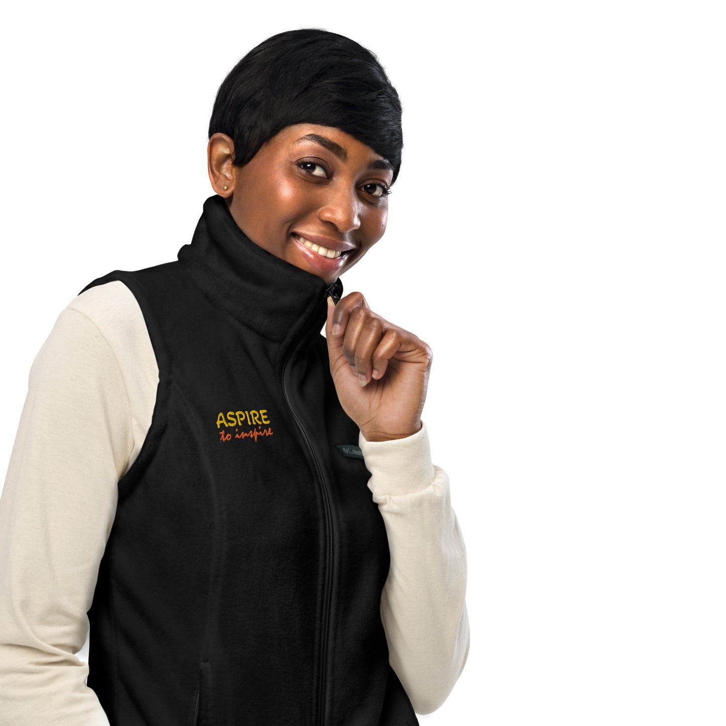 Women’s Columbia fleece vest gold/orange thread embroidery "Aspire to inspire"