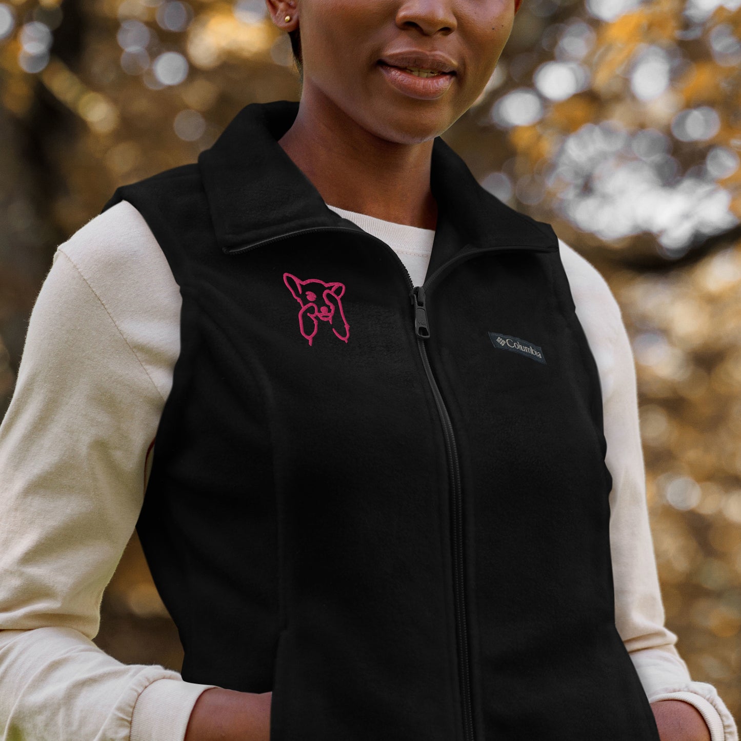Women’s Columbia fleece vest , flat embroidery, flamingo color cute dog sketch