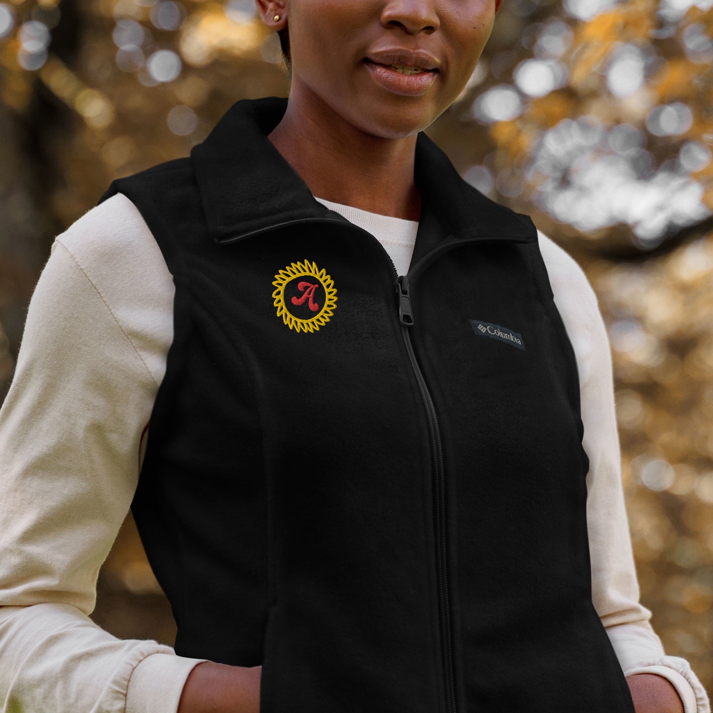 Women’s Columbia fleece vest , custom embroidery gold/red thread- "A"