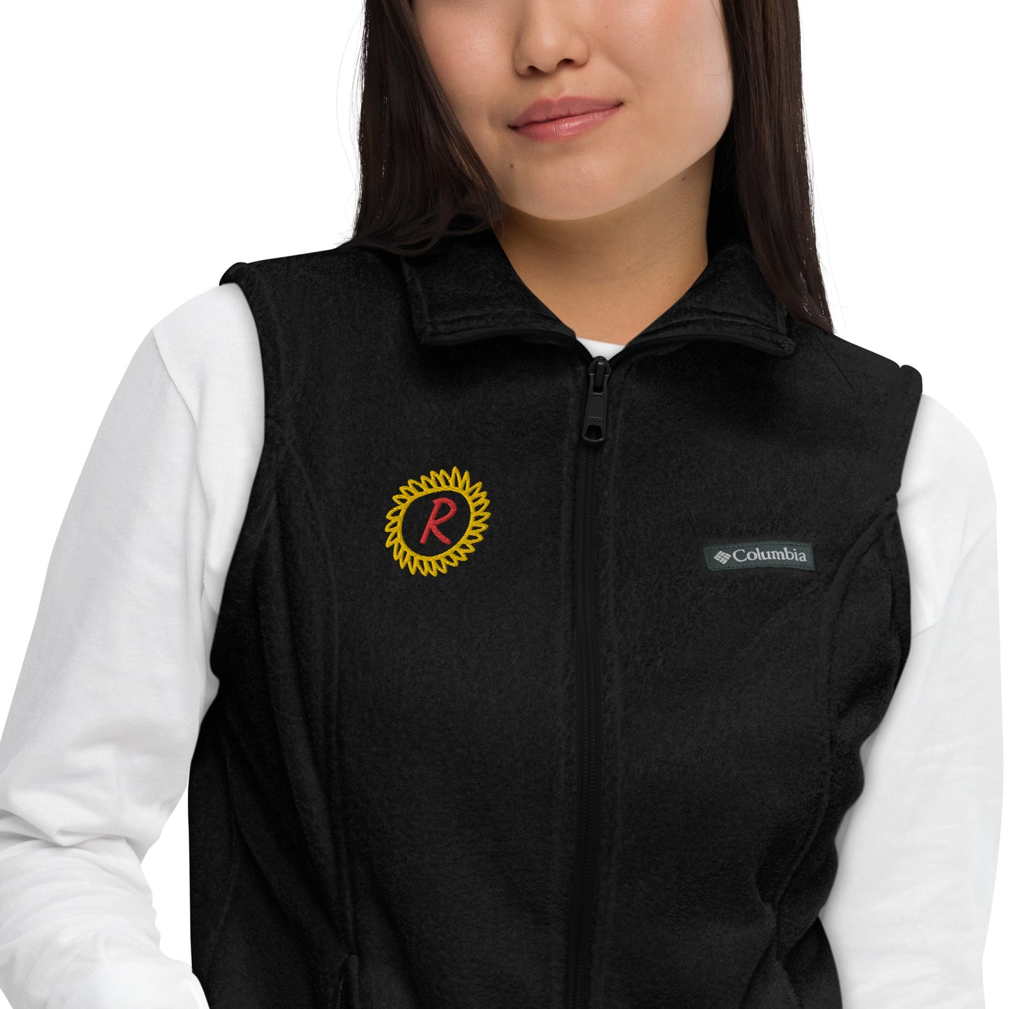 Women’s Columbia fleece vest, gold/red thread embroidery "R" in a custom circle