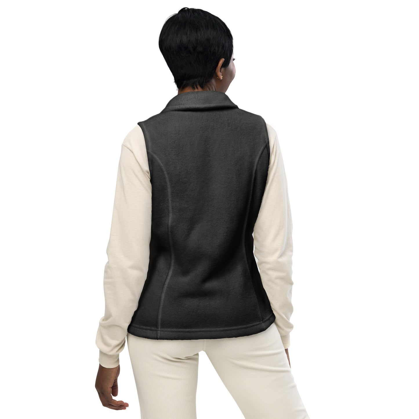 Women’s Columbia fleece vest, kiwi green/gold/red thread embroidery 'Dream, Live, Enjoy"
