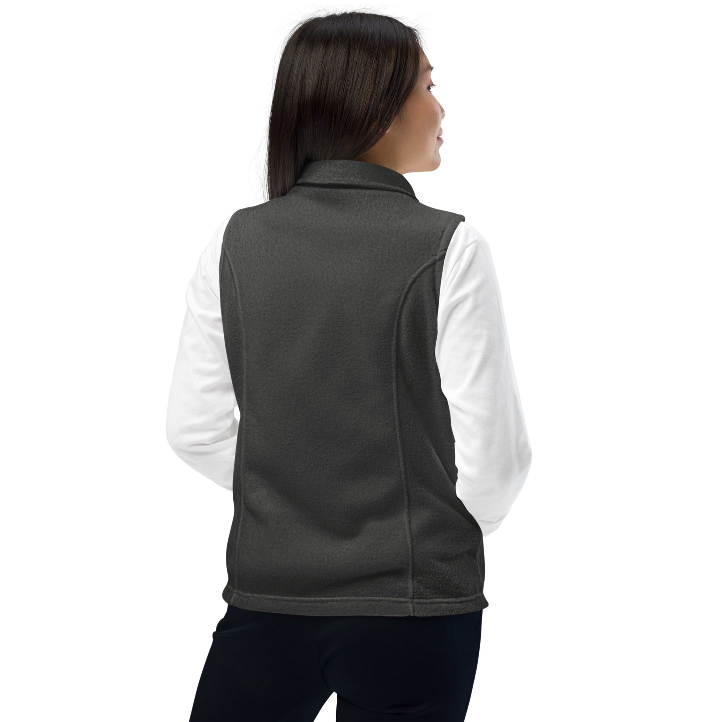 Women’s Columbia fleece vest, gold/red thread embroidery "R" in a custom circle