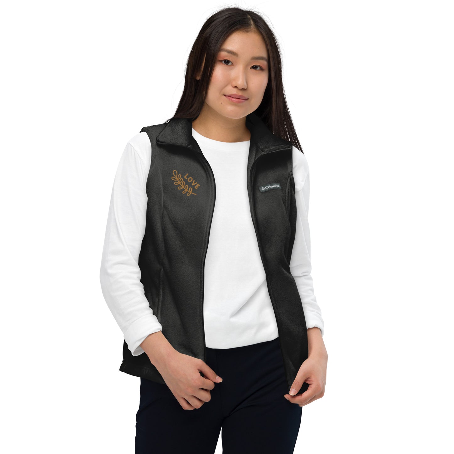Women’s Columbia fleece vest with custom embroidery- old gold color "Love"