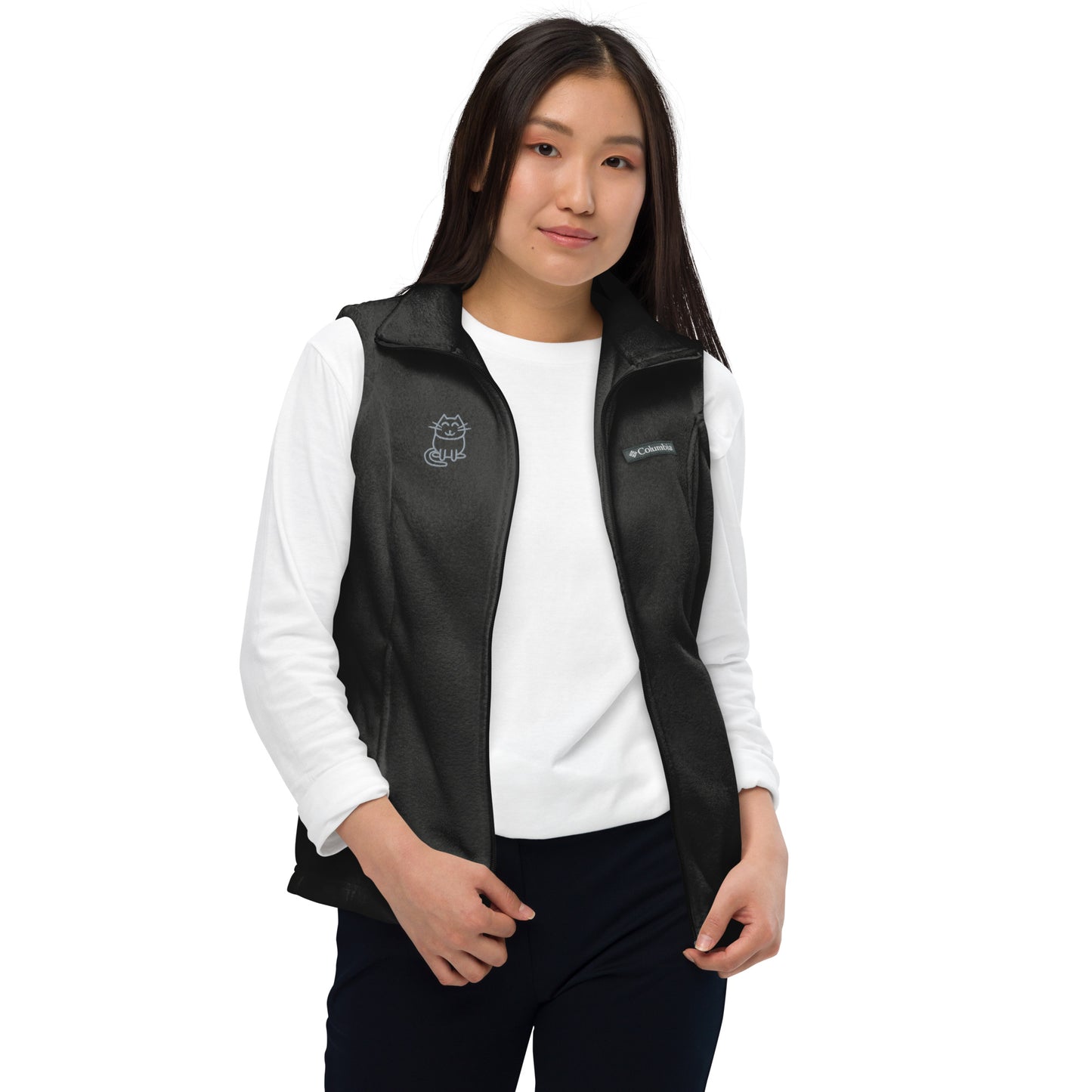 Women’s Columbia fleece vest , flat custom embroidery, grey color cute cat sketch
