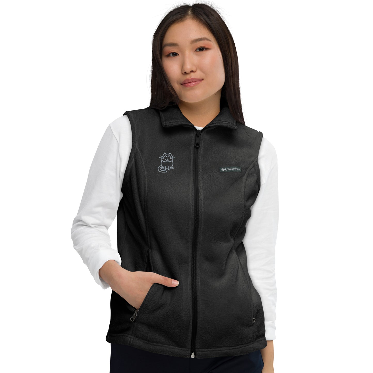 Women’s Columbia fleece vest , flat custom embroidery, grey color cute cat sketch