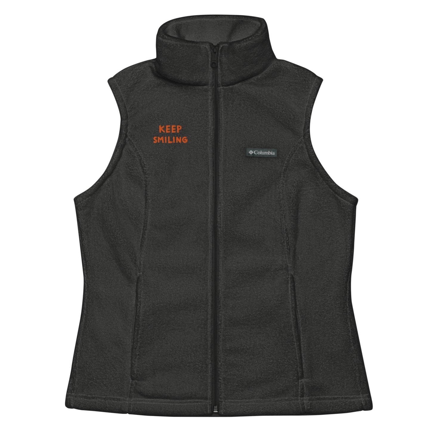 Women’s Columbia fleece vest orange thread embroidery "Keep Smiling"
