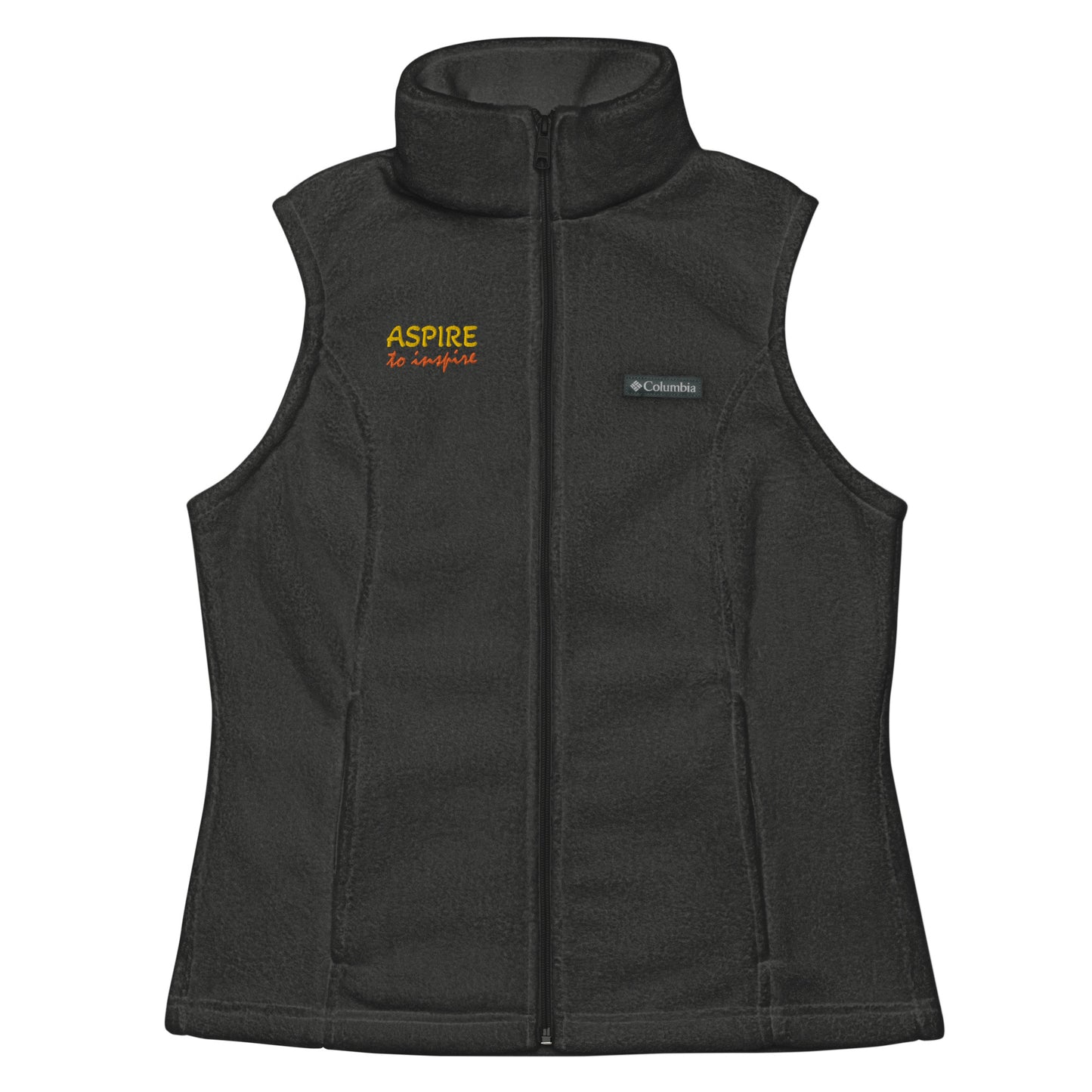 Women’s Columbia fleece vest gold/orange thread embroidery "Aspire to inspire"