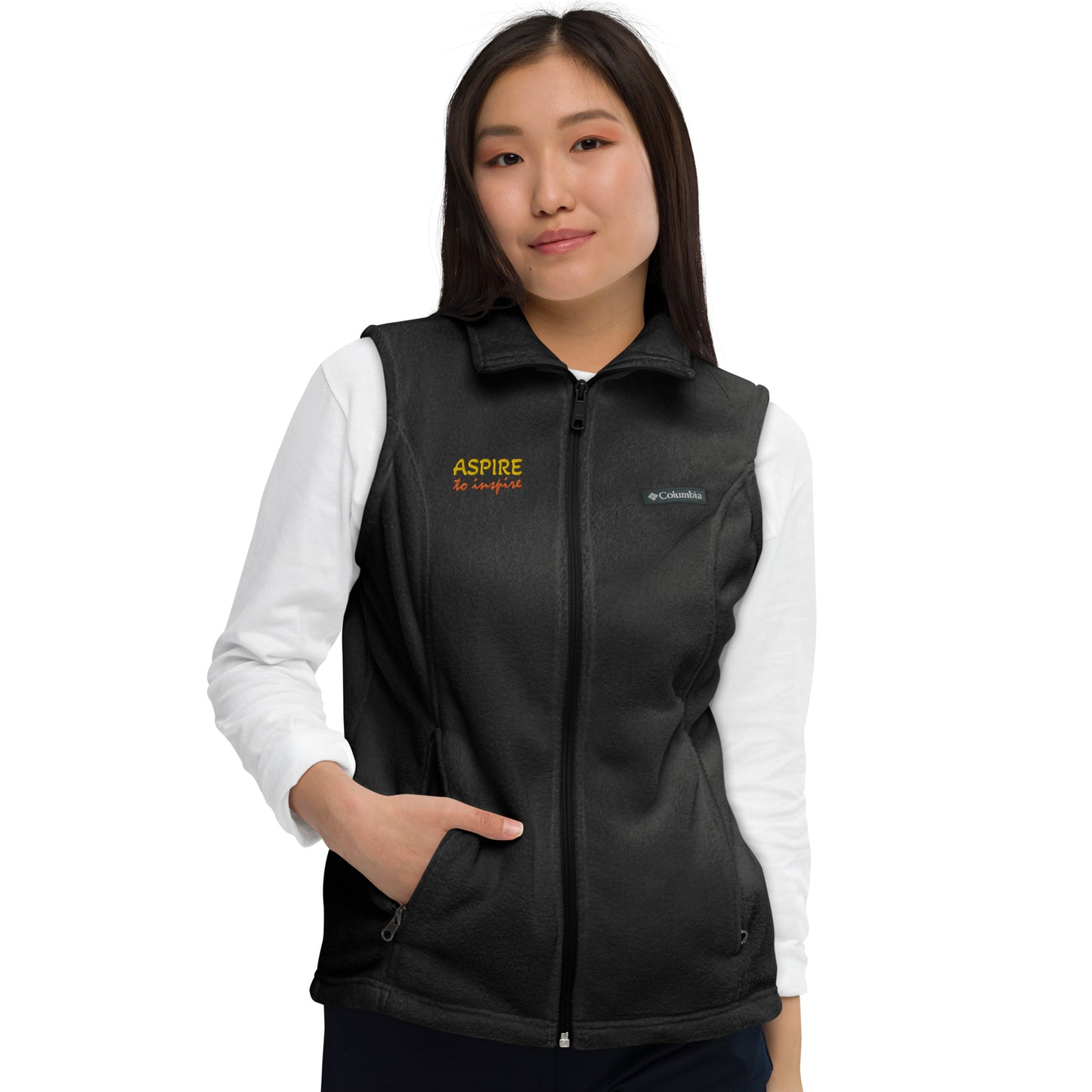 Women’s Columbia fleece vest gold/orange thread embroidery "Aspire to inspire"