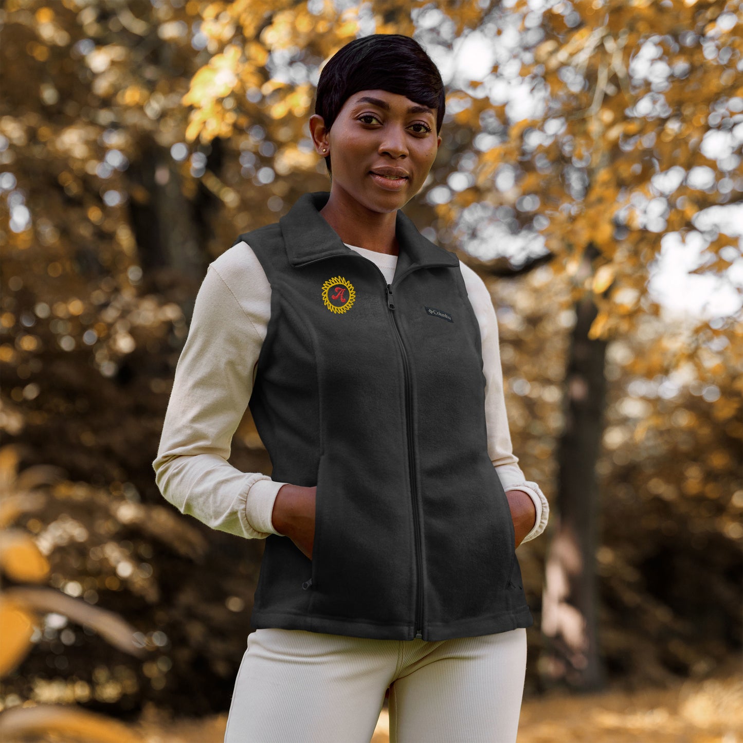 Women’s Columbia fleece vest , custom embroidery gold/red thread- "A"