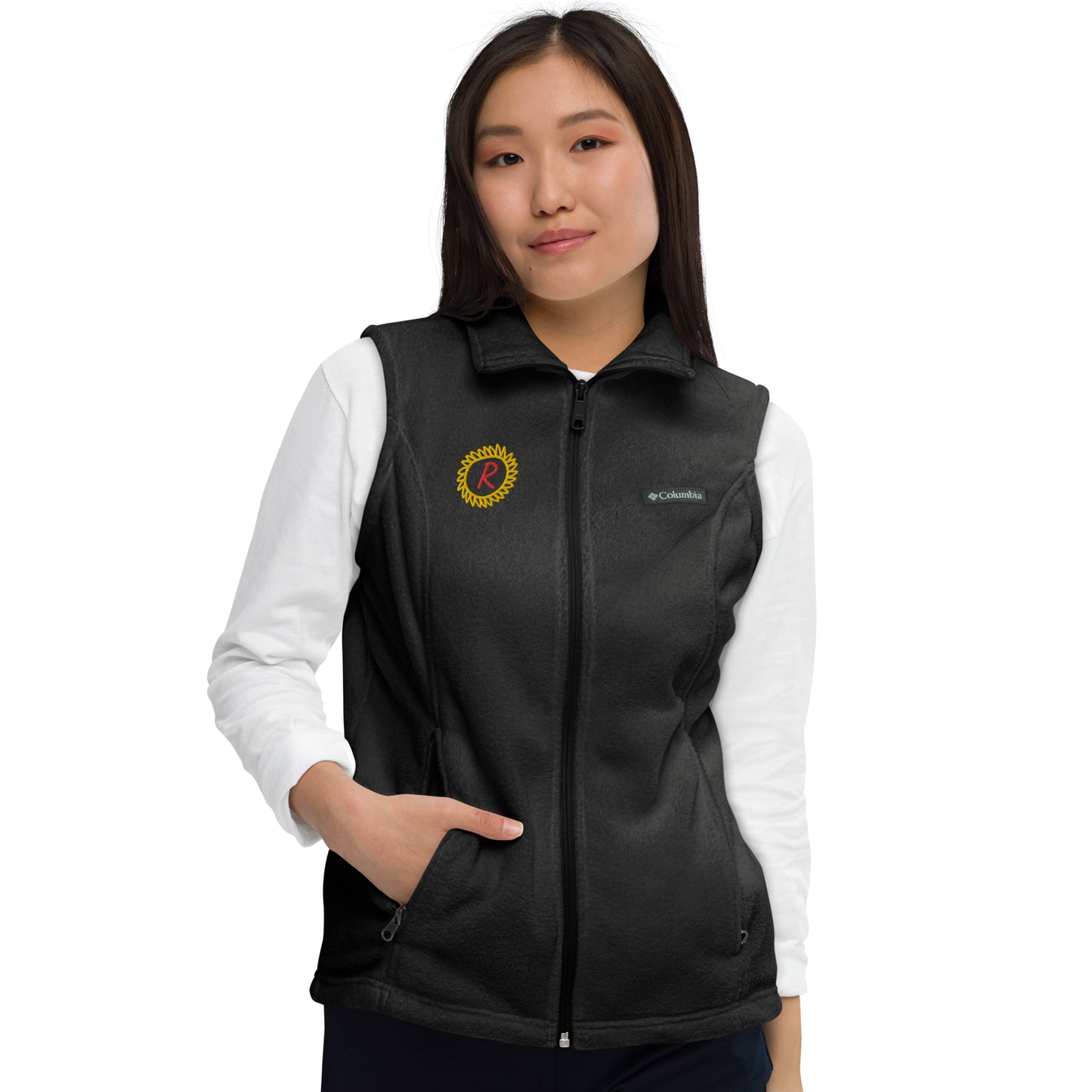 Women’s Columbia fleece vest, gold/red thread embroidery "R" in a custom circle