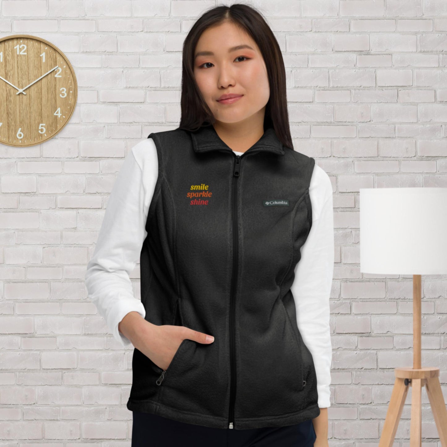 Women’s Columbia fleece vest, "Smile, Sparkle, Shine", embroidery, gold, orange, red color threads.