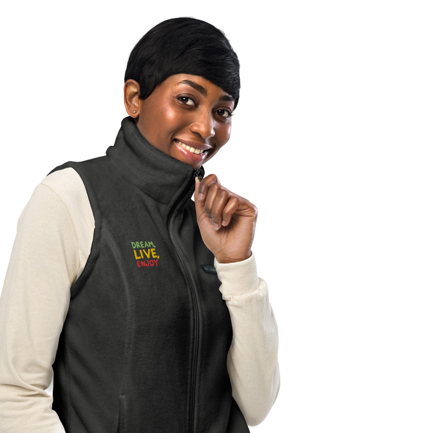Women’s Columbia fleece vest, kiwi green/gold/red thread embroidery 'Dream, Live, Enjoy"
