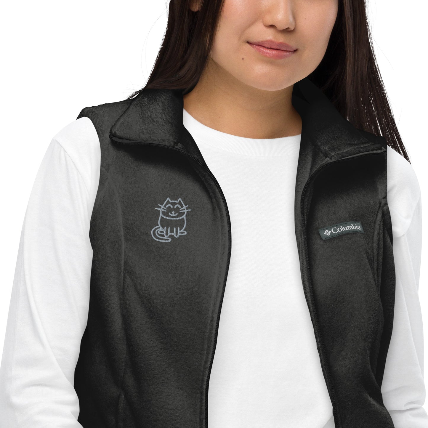 Women’s Columbia fleece vest , flat custom embroidery, grey color cute cat sketch
