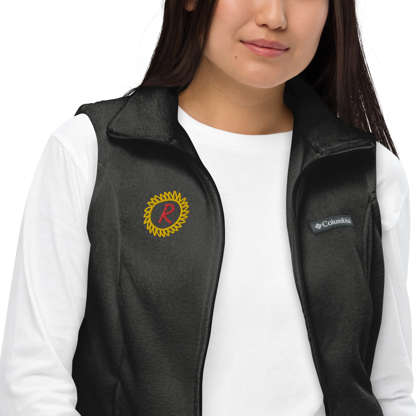 Women’s Columbia fleece vest, gold/red thread embroidery "R" in a custom circle