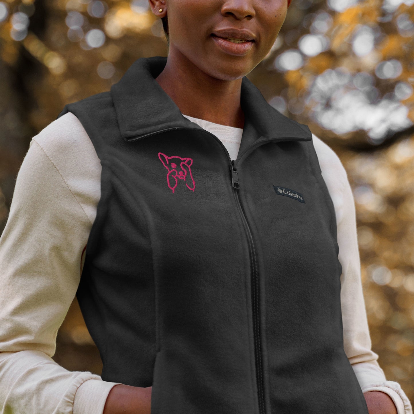 Women’s Columbia fleece vest , flat embroidery, flamingo color cute dog sketch