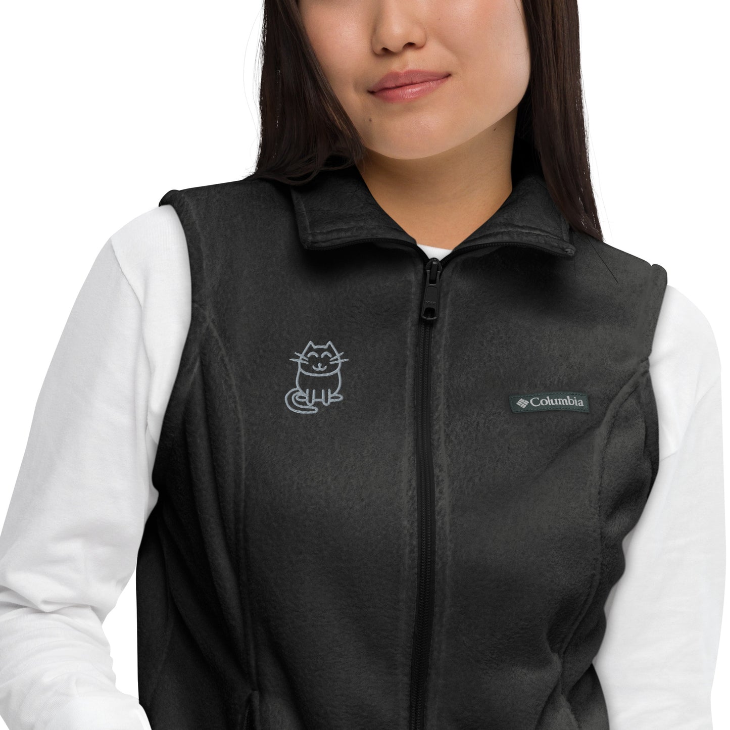 Women’s Columbia fleece vest , flat custom embroidery, grey color cute cat sketch