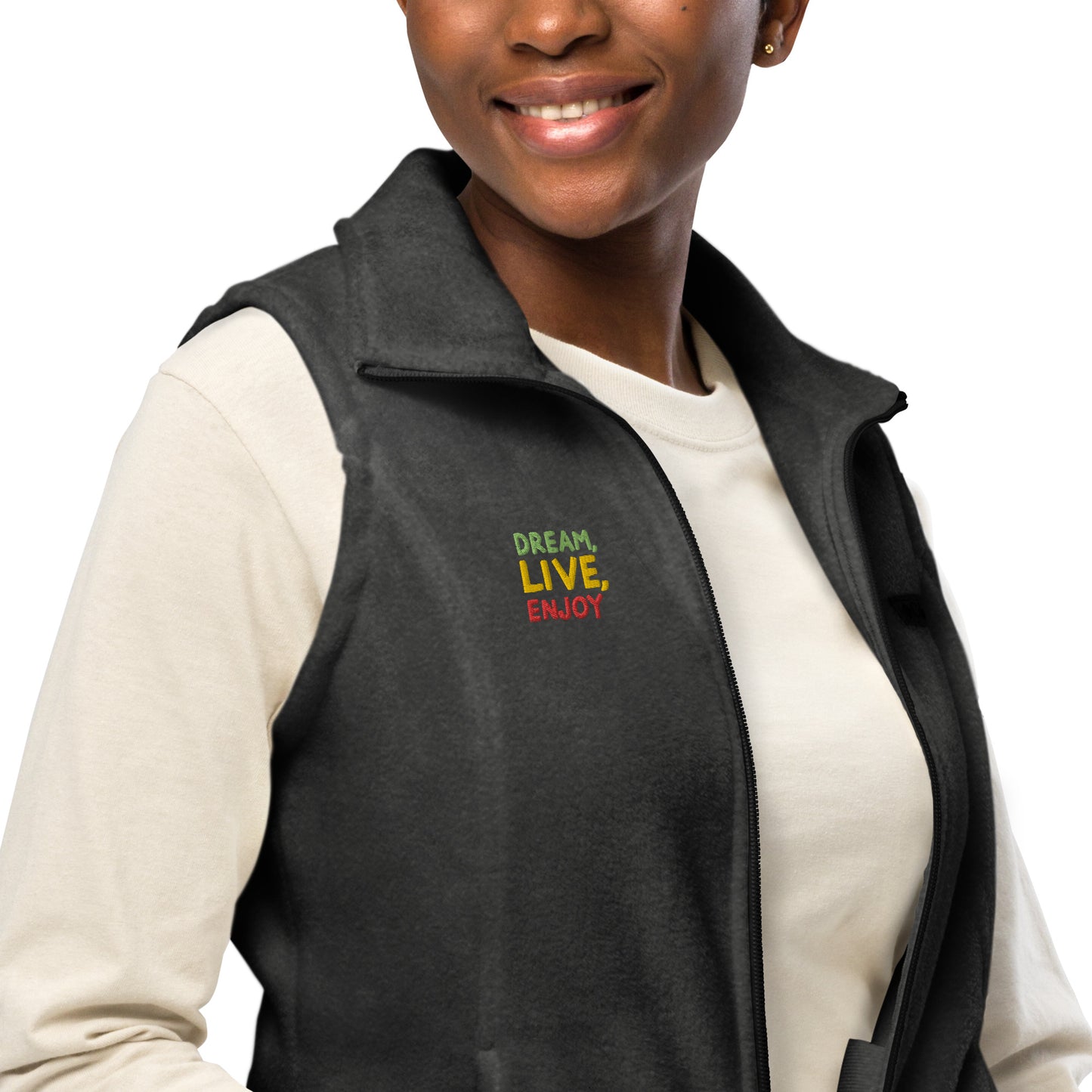 Women’s Columbia fleece vest, kiwi green/gold/red thread embroidery 'Dream, Live, Enjoy"