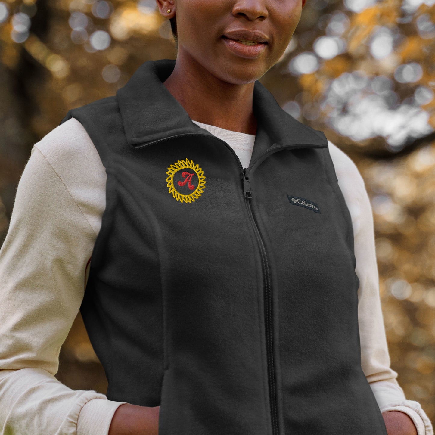 Women’s Columbia fleece vest , custom embroidery gold/red thread- "A"