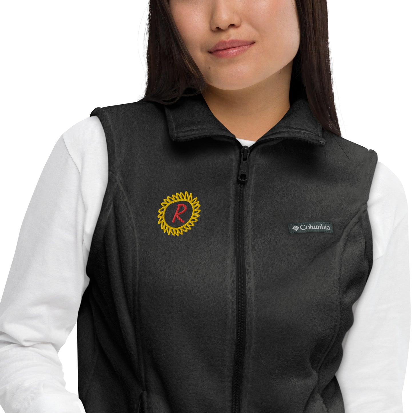Women’s Columbia fleece vest, gold/red thread embroidery "R" in a custom circle