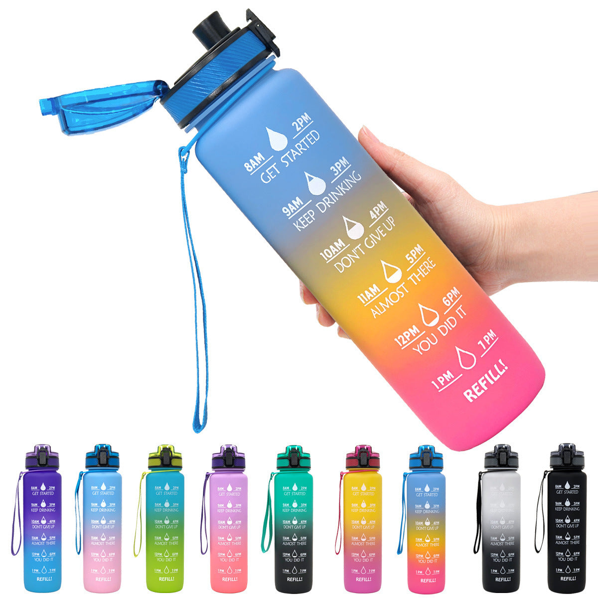 1L Tritan Bounce Cover Motivational Water Bottle with Time Marker Good for Cycling, Leakproof Cup for Sports and Fitness