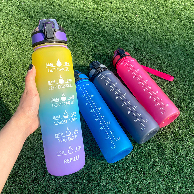 1L Tritan Bounce Cover Motivational Water Bottle with Time Marker Good for Cycling, Leakproof Cup for Sports and Fitness