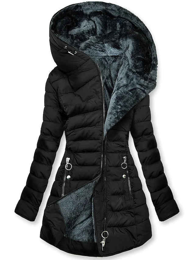 Women's Plush Hooded Mid-length Oblique Zipper Cotton-padded Coat