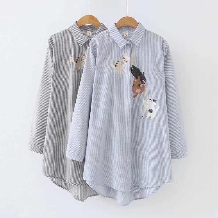 Mid-length Cotton And Linen Embroidery Long-sleeved Shirt