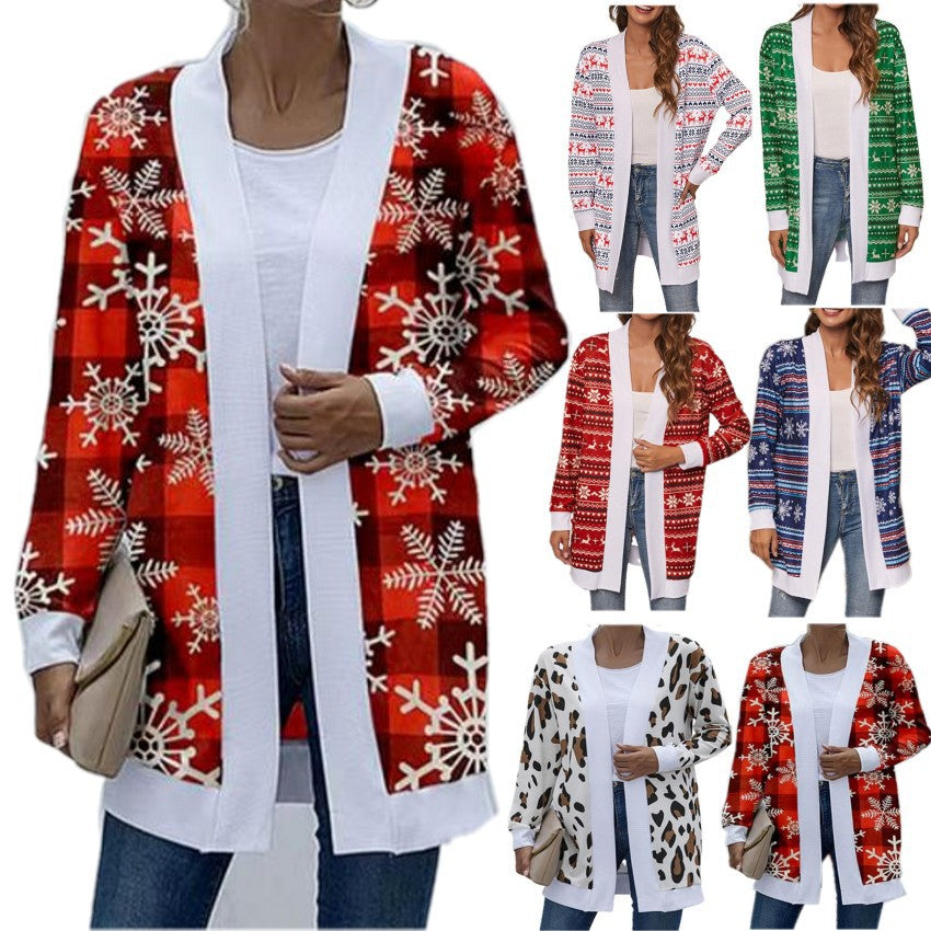 Women's Christmas Print Contrast Design Long Sleeve Cardigan