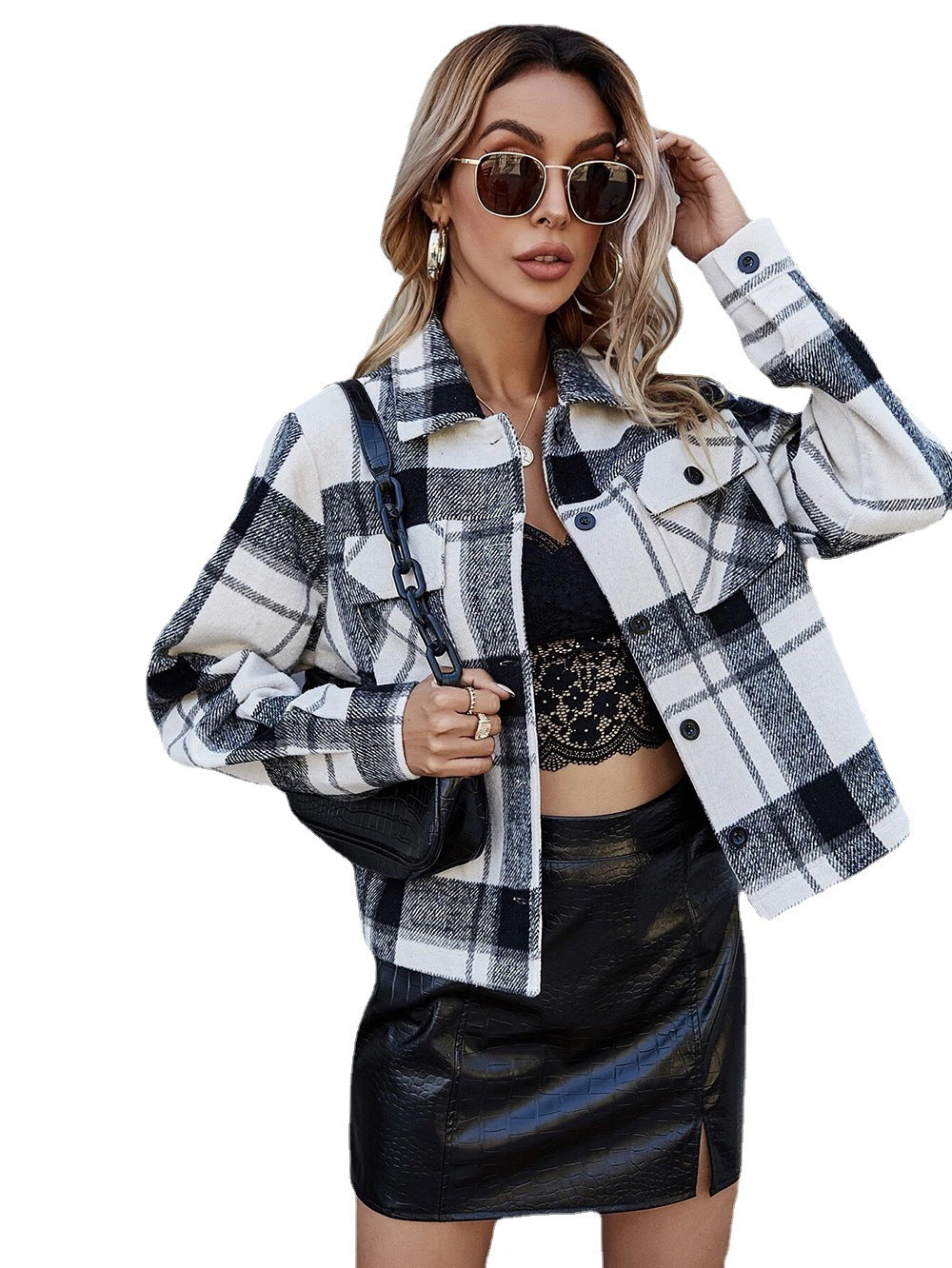 Single-breasted Woolen Plaid Short Coat Women