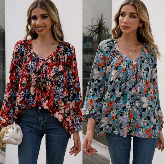 Loose Casual Small Floral Long-sleeved V-neck Shirt