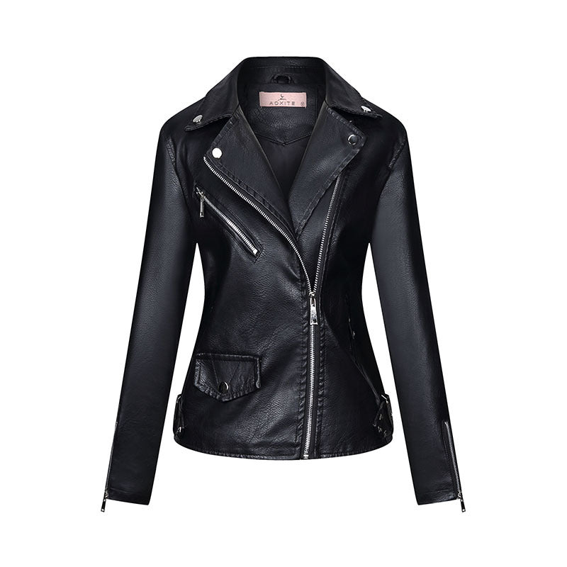 Temperament Women's Jacket PU Lapel Zipper Slim