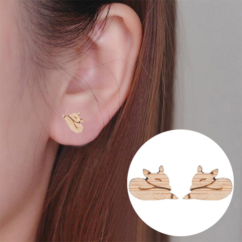 New Cute Sweet Fox Wooden Stud Earrings