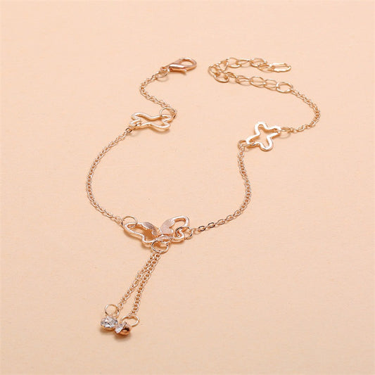 Temperament Butterfly Double Diamond Tassel Rose Gold Anklet