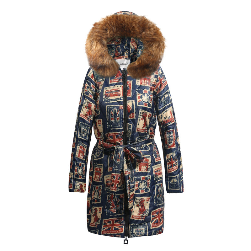 Long Plus Size Printing Retro Hooded Padded Jacket