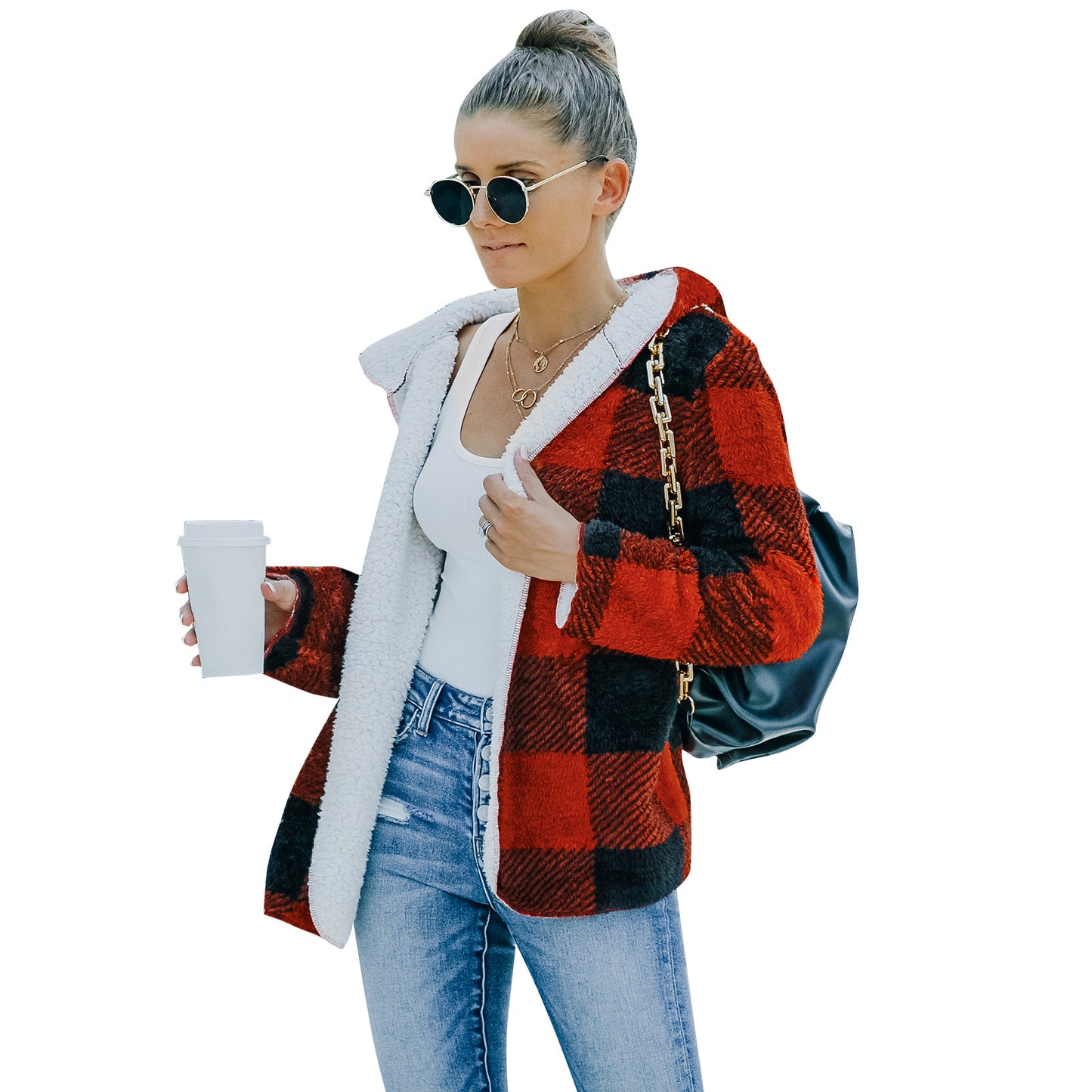 Fashion Plaid Double-sided Wear Mid-length Plush Jacket