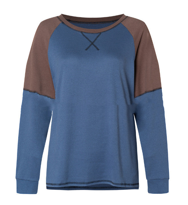 Long Sleeve Stitching Round Neck Casual T-shirt Loose Ladies Top